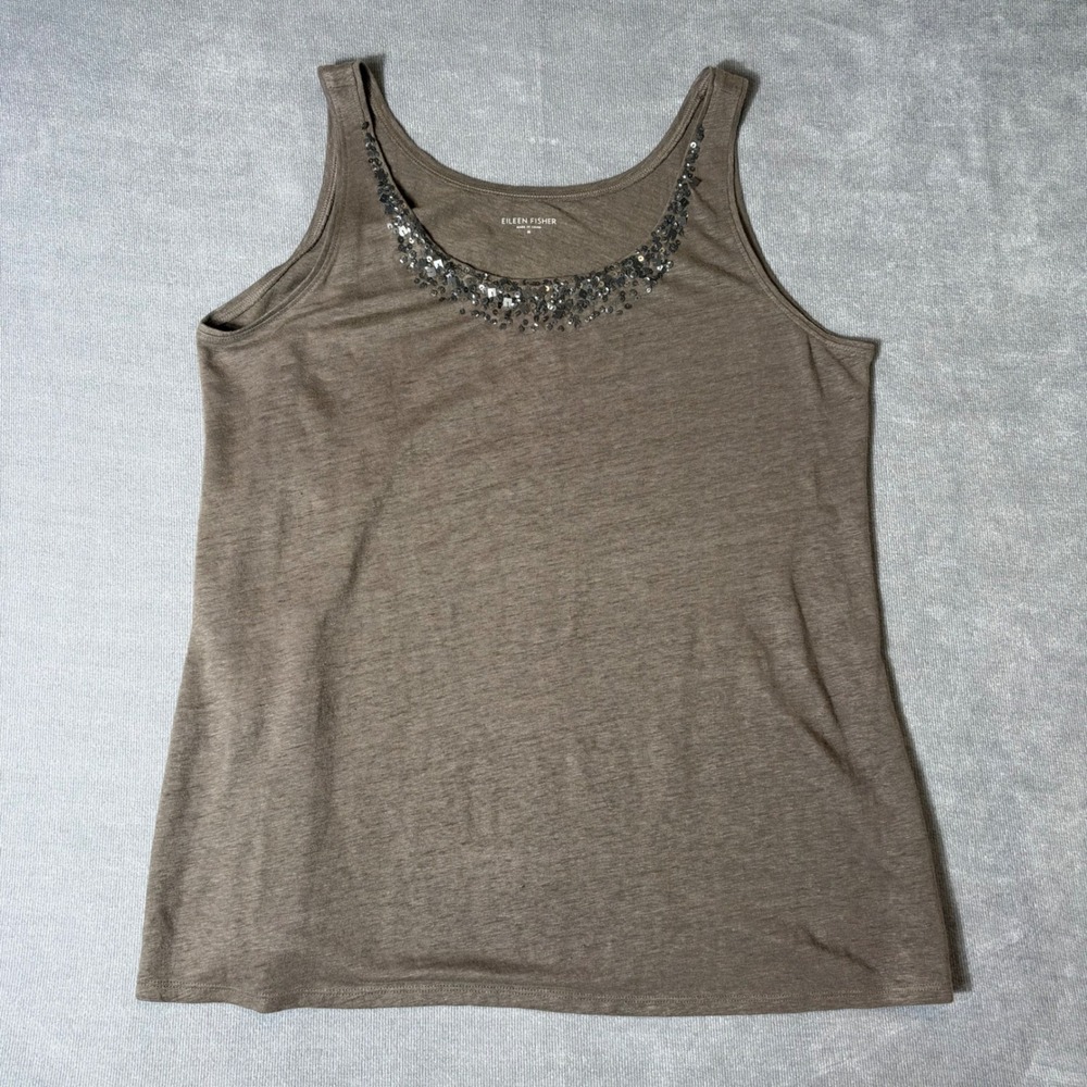 Eileen Fisher Linen Sequin Scoop Neck Tank Top Taupe Brown Medium